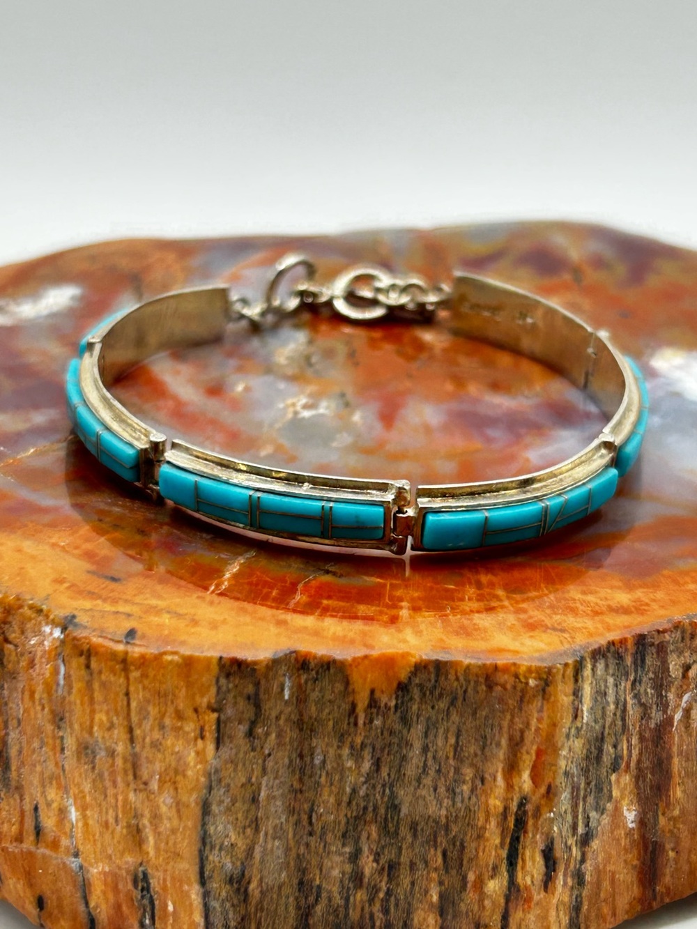 Vintage Handcrafted Turquoise Inlay Bracelet, artist stamped - 7.25 inches